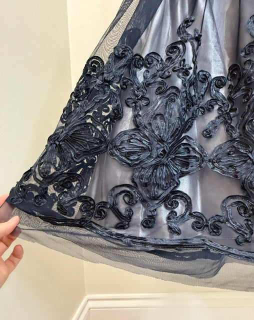 SLNY Fit &amp; Flare Navy Cocktail Dress Embroidered Tulle Skirt Sz14
