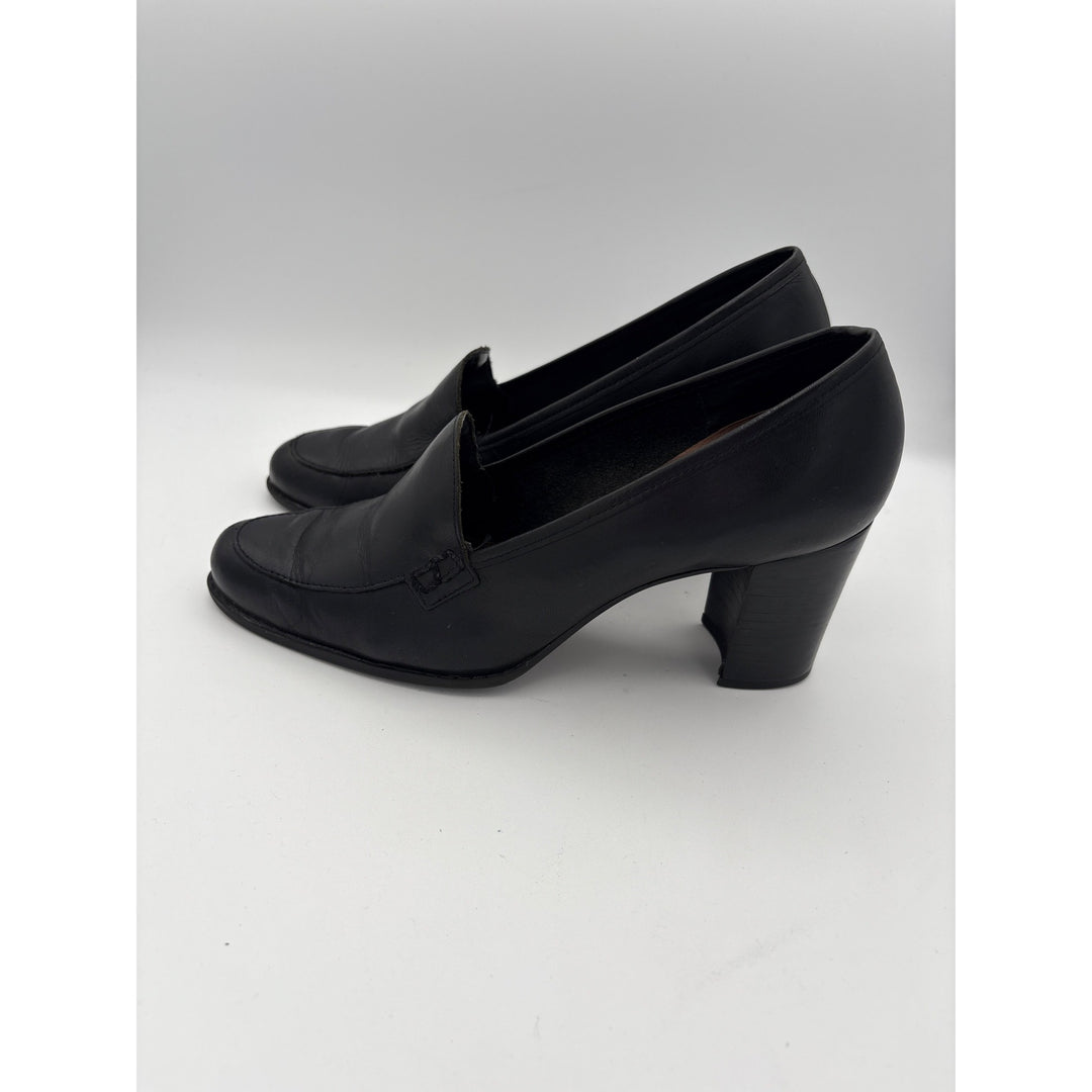Lopazio Womens Black Leather Heeled Loafers Size 6