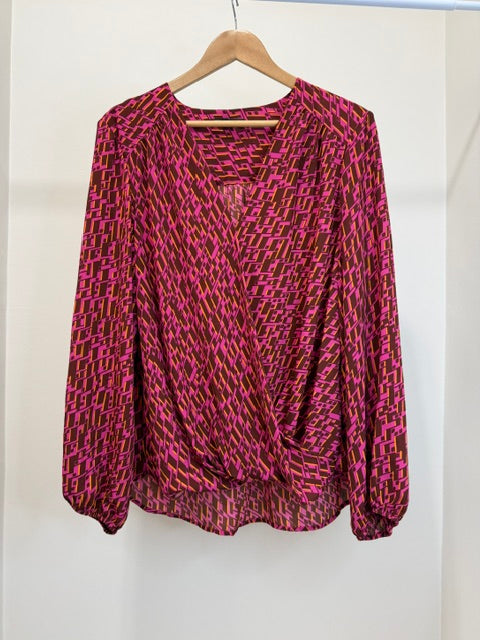 INC International Concepts Abstract Print Faux Wrap Blouse SzXL