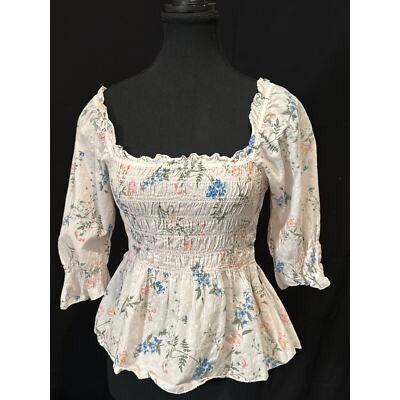 Saylor Womens Floral Print Peasant Blouse 3/4 Sleeve Elastic Ruffle Cotton Made In India Dry Clean Only