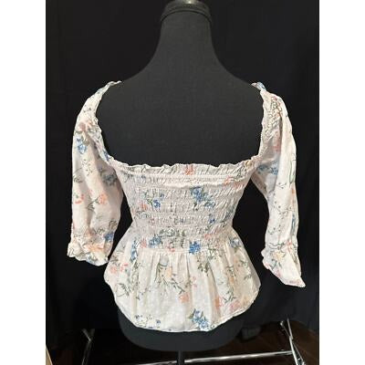 Saylor Womens Floral Print Peasant Blouse 3/4 Sleeve Elastic Ruffle Cotton Made In India Dry Clean Only