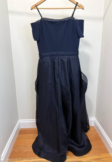 A Exclusive Formal Gown – Navy Off‑Shoulder Column Dress w/ Organza Overlay – Boutique Couture – Retail $1000+