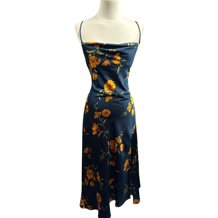 Women’s Azazie Small Navy Blue Sleeveless Maxi Dress with Orange Florals & a Side Slit