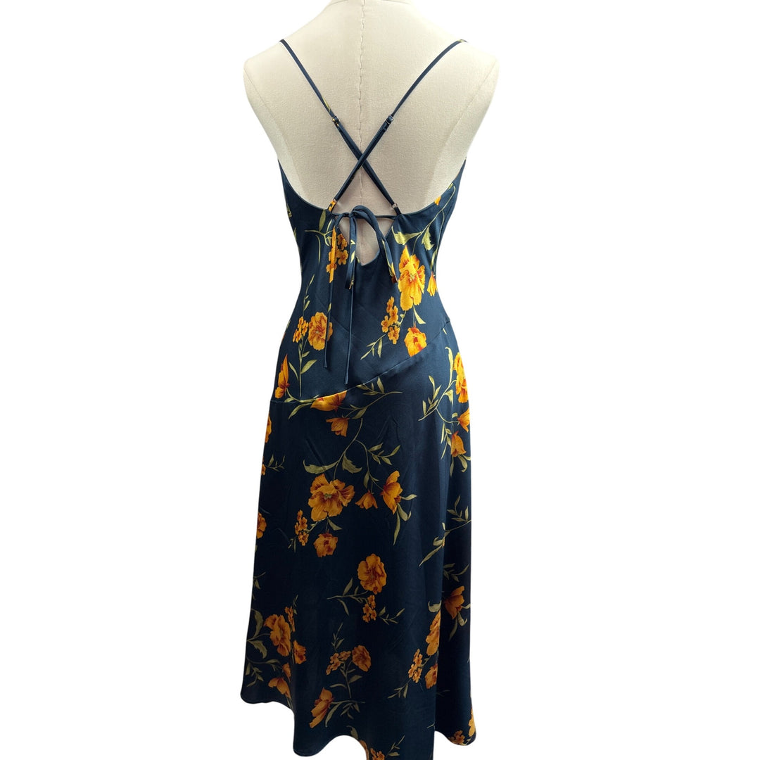 Women’s Azazie Small Navy Blue Sleeveless Maxi Dress with Orange Florals & a Side Slit