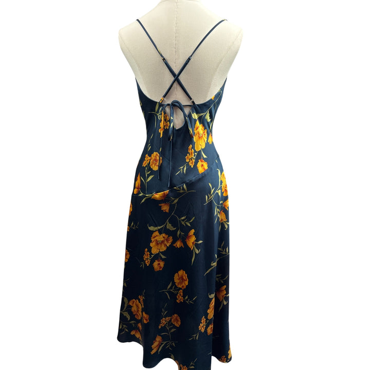 Women’s Azazie Small Navy Blue Sleeveless Maxi Dress with Orange Florals & a Side Slit