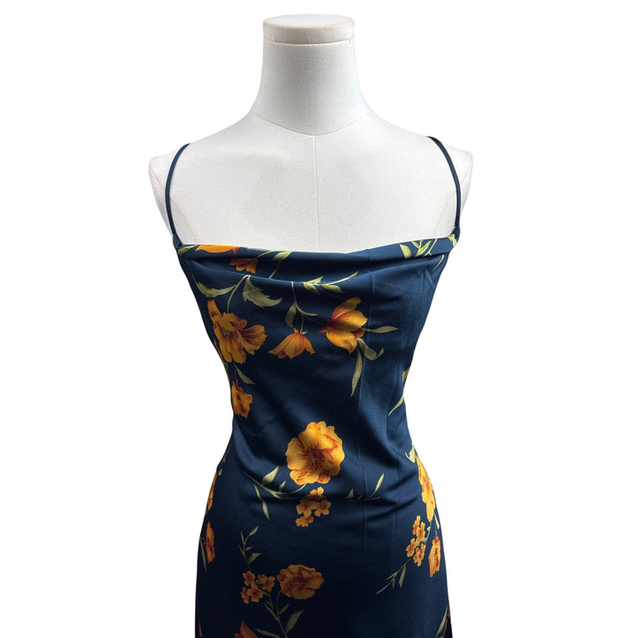 Women’s Azazie Small Navy Blue Sleeveless Maxi Dress with Orange Florals & a Side Slit