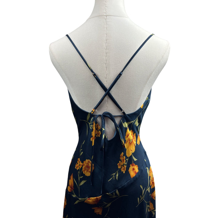 Women’s Azazie Small Navy Blue Sleeveless Maxi Dress with Orange Florals & a Side Slit