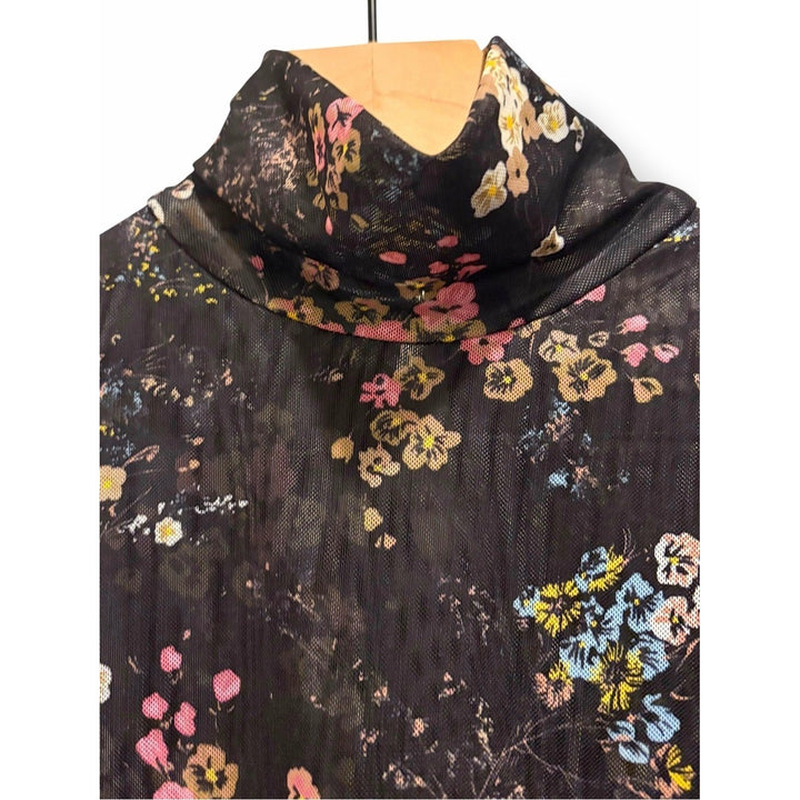 Cinq à Sept Sheer Floral Mesh Mock Neck Top SM Black Long Sleeve Romantic Gothic