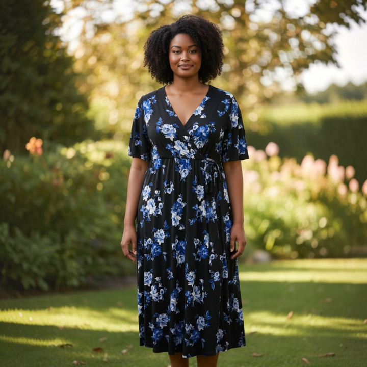 torrid Black Midi Dress with Blue and White Floral Print Size 1*