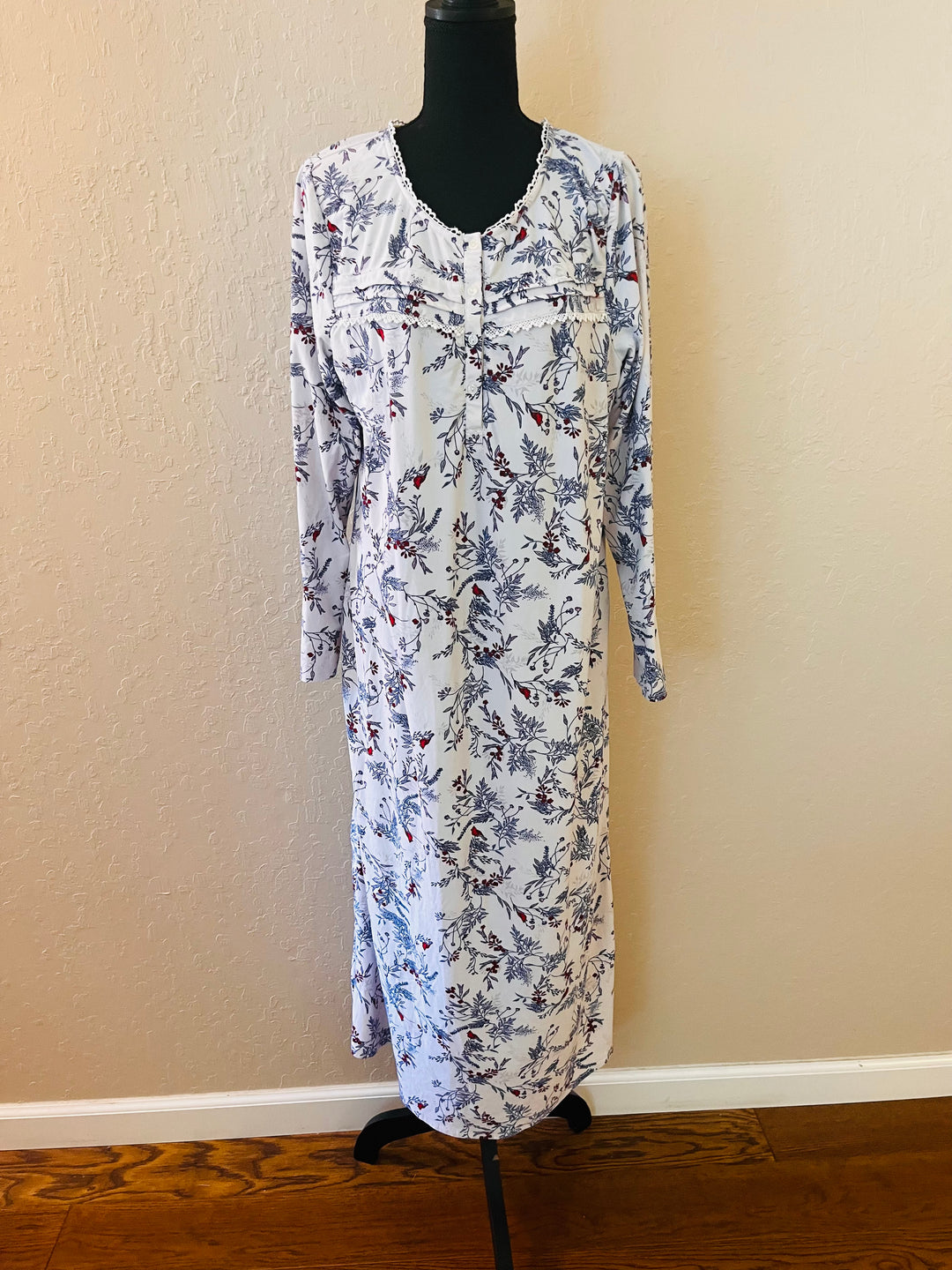 ADONNA Women’s Cardinal Print Blue Long Sleeve Nightgown Sleepwear Lounge Gown