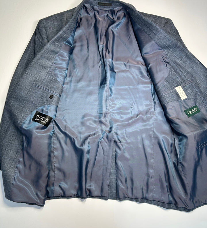 Lauren Ralph Lauren Men’s Size 48R Silk Wool Blend Windowpane Blazer Sport Coat Gray Blue