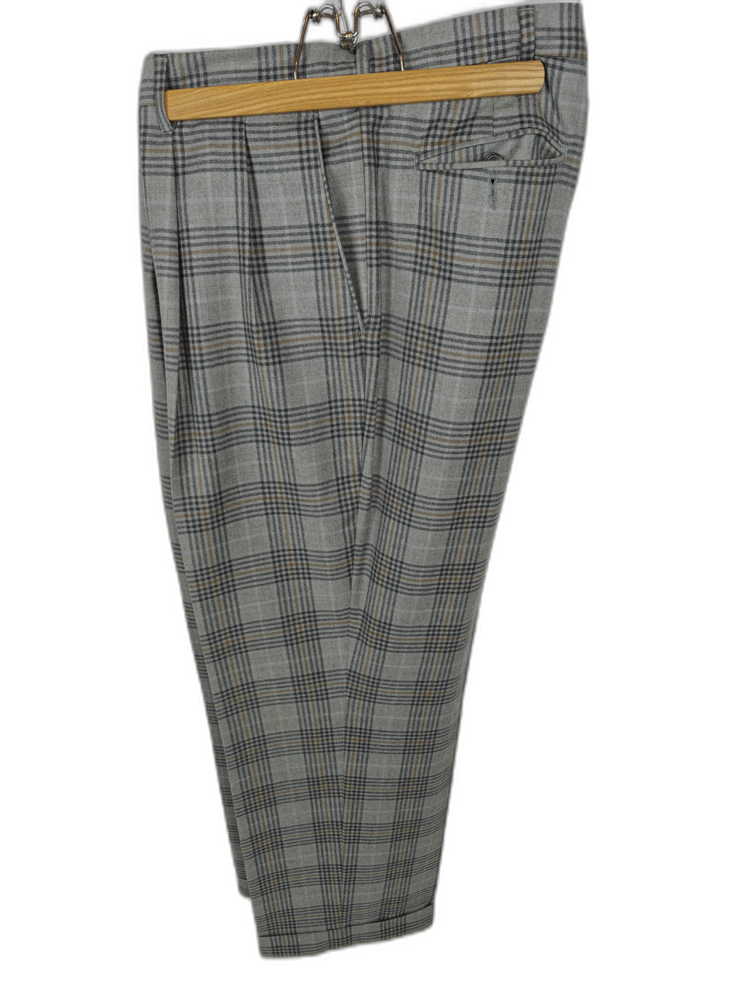 Paul Fredrick Men's Gray Plaid Windowpane Pleated Dress Pants Size 44 Classic Fit Slacks