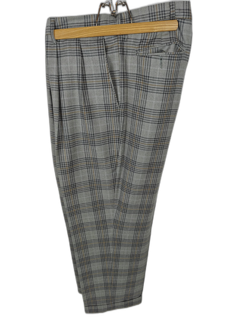 Paul Fredrick Men's Gray Plaid Windowpane Pleated Dress Pants Size 44 Classic Fit Slacks