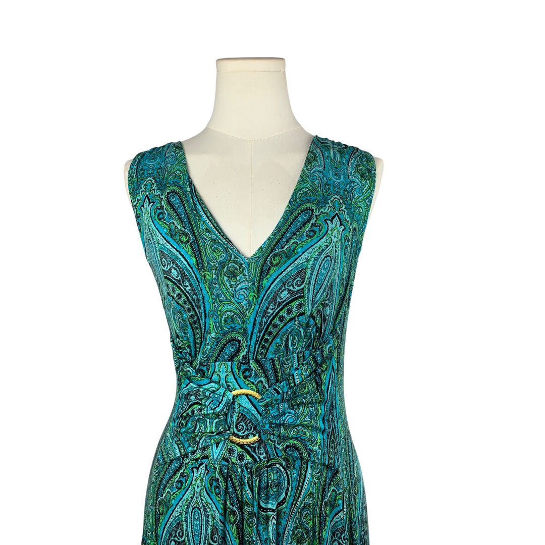 Womens Sleeveless V-Neck Maxi Dress With Belted Waist & Paisley Print