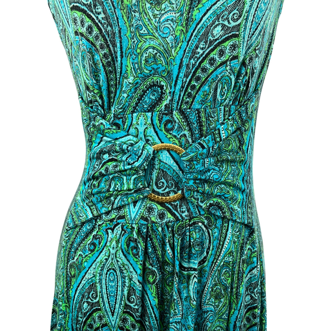 Womens Sleeveless V-Neck Maxi Dress With Belted Waist & Paisley Print