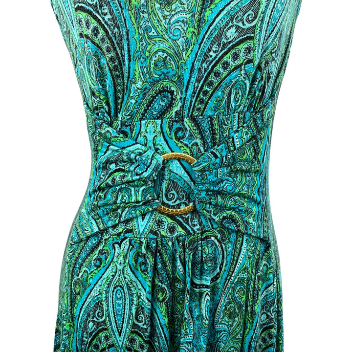 Womens Sleeveless V-Neck Maxi Dress With Belted Waist & Paisley Print