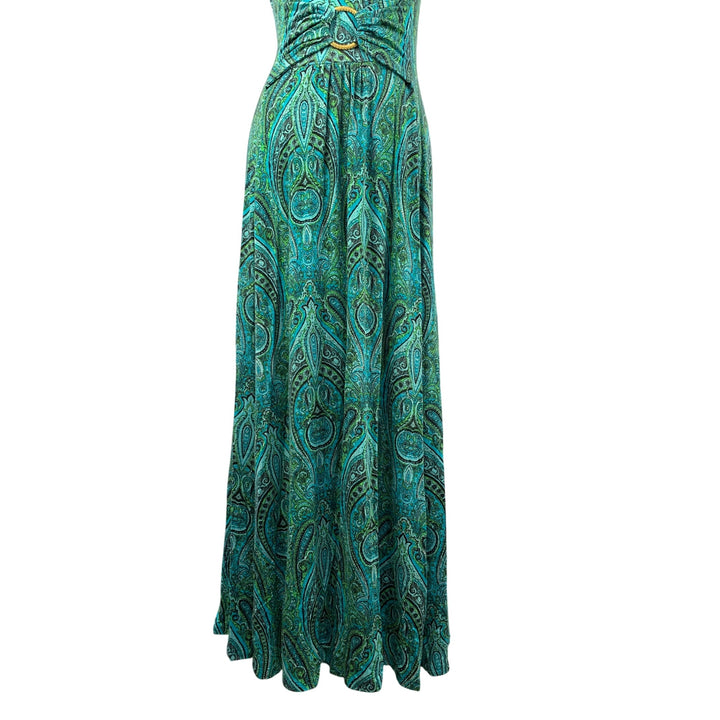 Womens Sleeveless V-Neck Maxi Dress With Belted Waist & Paisley Print