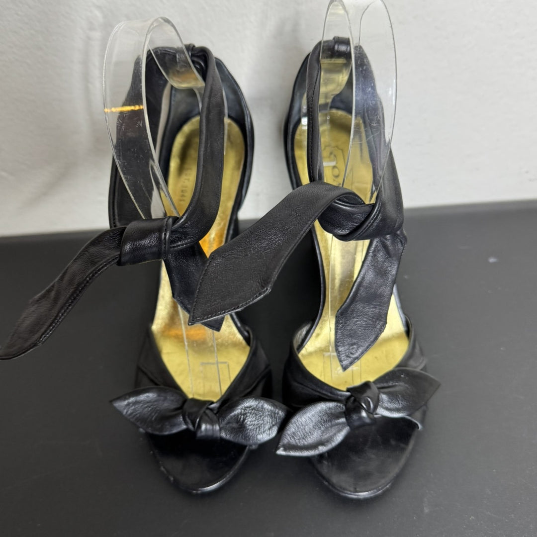 Coach Black Leather Peep-Toe Heels, Ankle Tie, 3.5" Block Heel, Size 6B