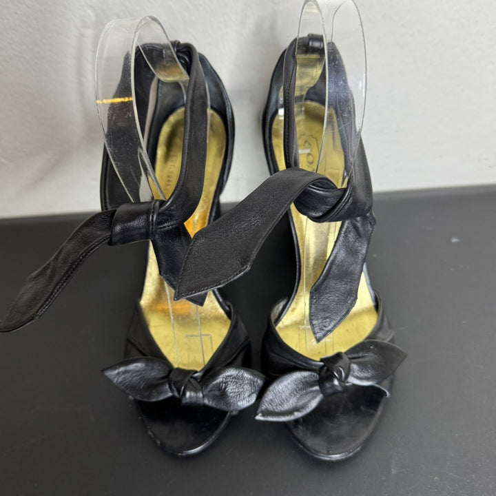 Coach Black Leather Peep-Toe Heels, Ankle Tie, 3.5" Block Heel, Size 6B