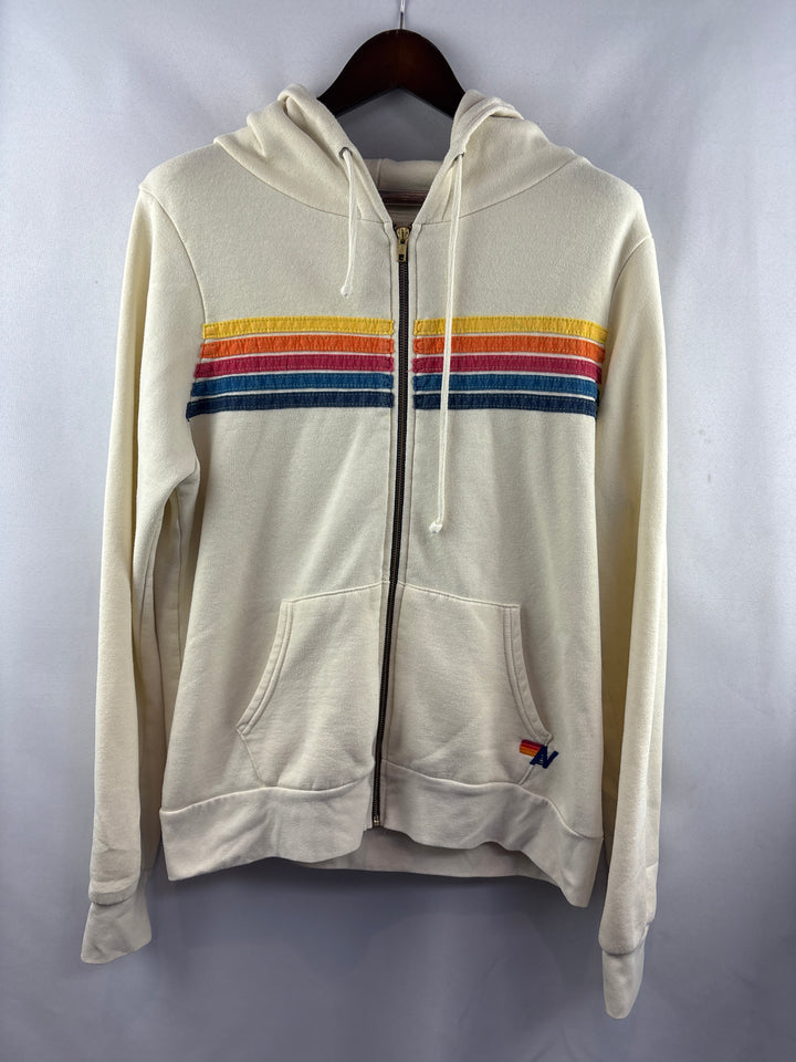 Men’s Aviator Nation XL Cream Zip-Up Hoodie w/ Multicolored Stripes