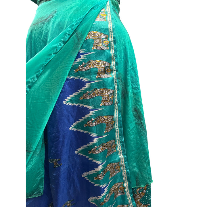 Vintage Green & Blue Wrap Skirt With Llama Motif & Feather Pattern