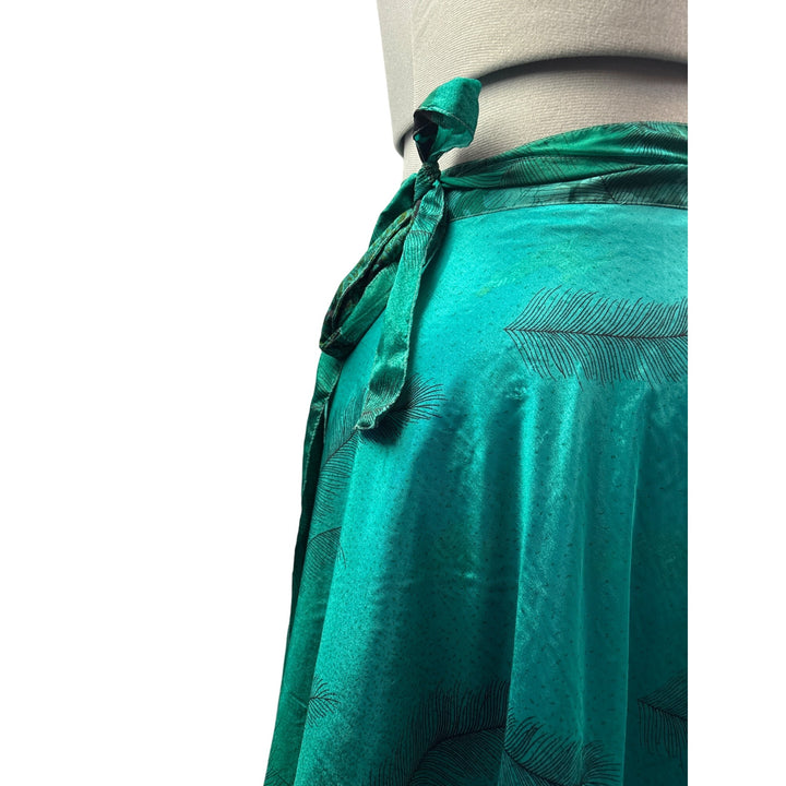 Vintage Green & Blue Wrap Skirt With Llama Motif & Feather Pattern