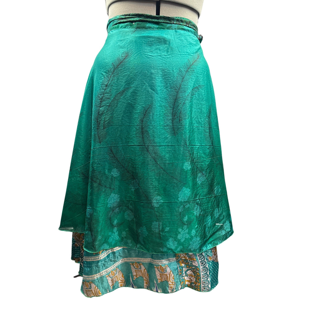 Vintage Green & Blue Wrap Skirt With Llama Motif & Feather Pattern