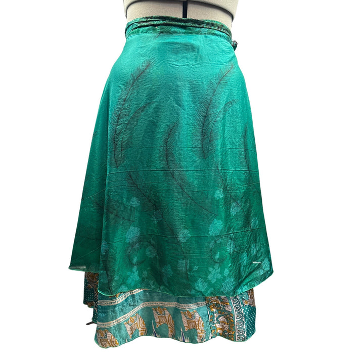 Vintage Green & Blue Wrap Skirt With Llama Motif & Feather Pattern