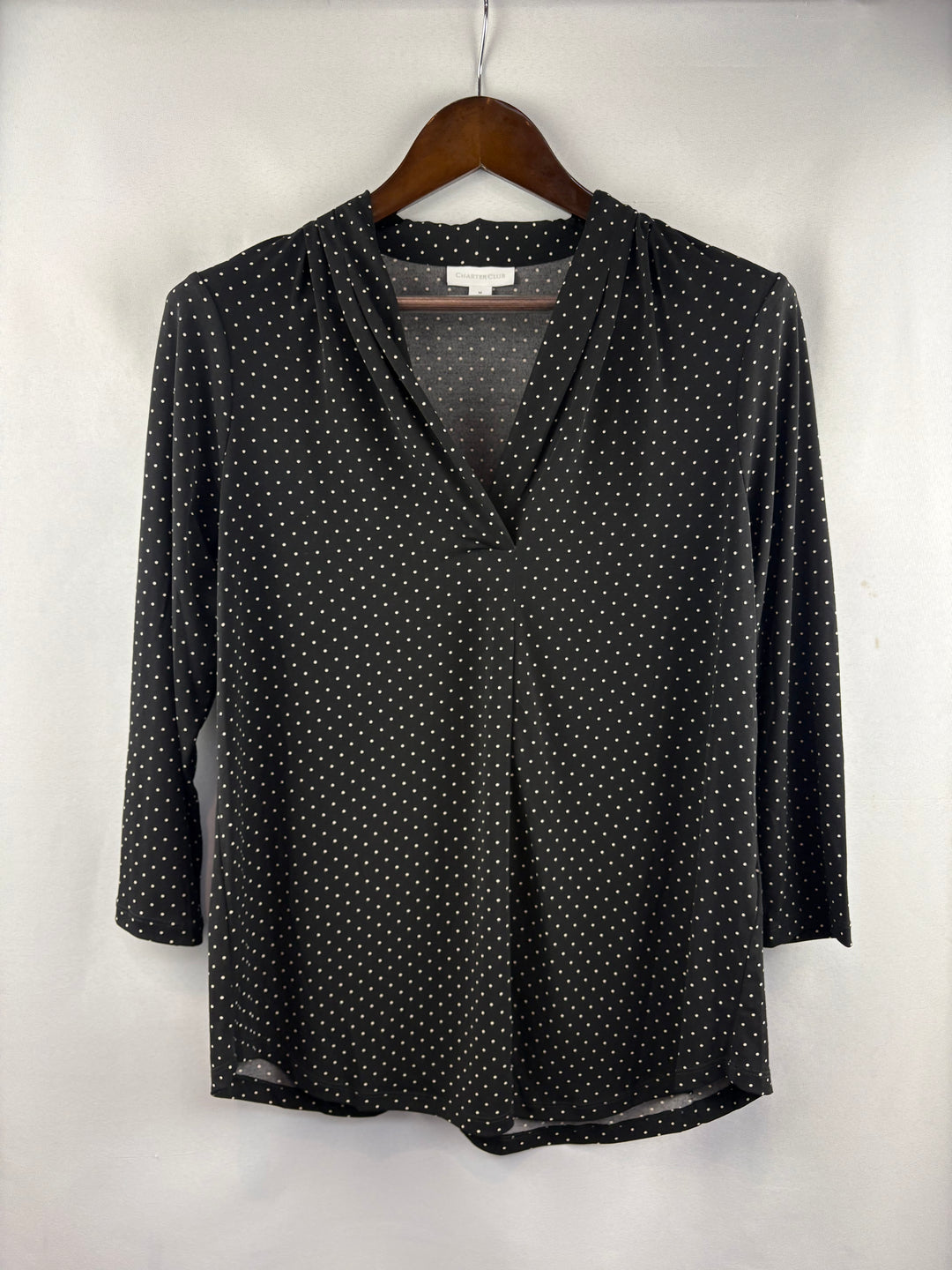 Women’s Charter Club Medium Black Blouse w/ White Polka Dots