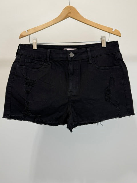 SO High Rise Shortie Jean Shorts – Black – Sz 17/33W (Distressed, Raw Hem) NWOT