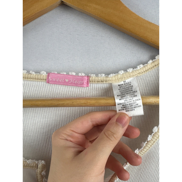 Women’s Sweet Heart Medium White Short Sleeve Shirt with Cream Neckline & Lavender Details