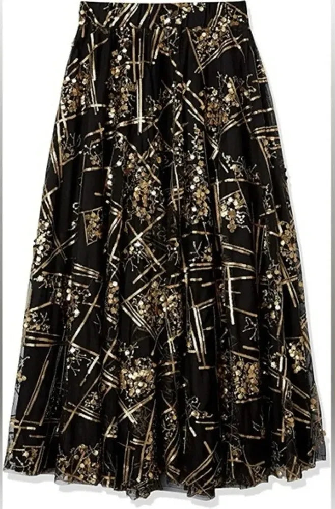 Women’s Making the Cut XXL Black Maxi Skirt w/ Gold Sequins