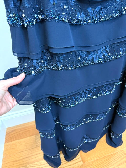 Daymor Couture Formal Gown Navy Ruched Bodice &amp; Beaded Tiered Skirt Sz8 Retail $2000+