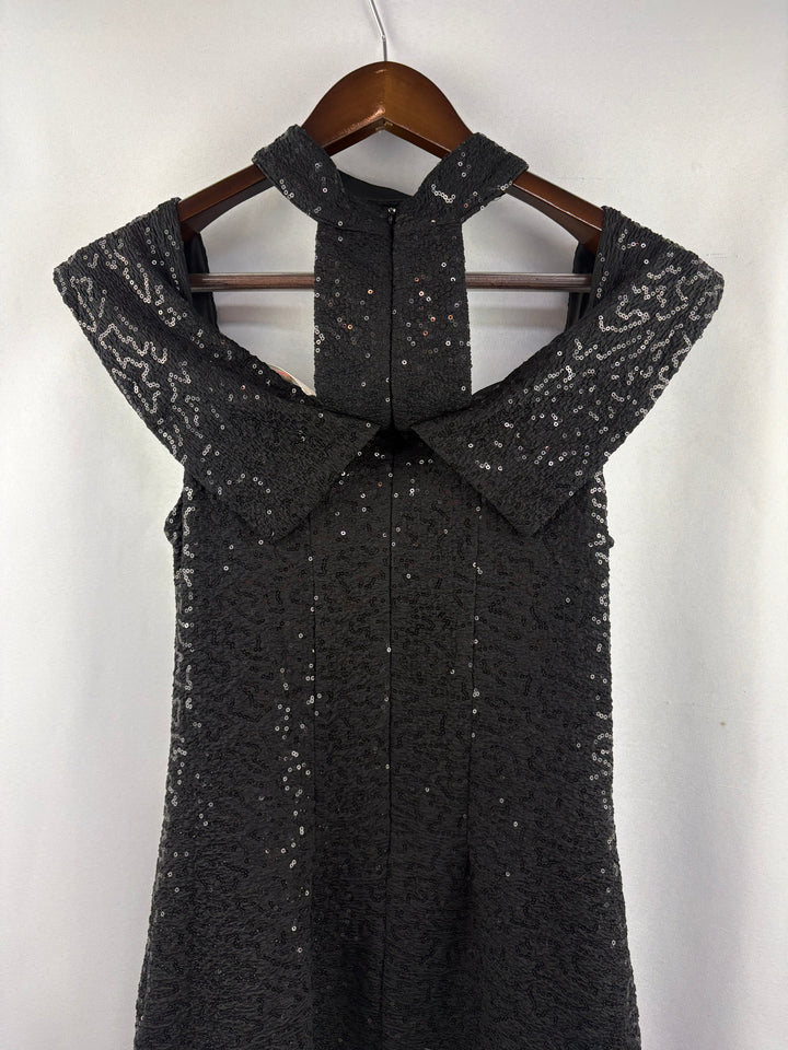 Women’s Luxxel Medium Black Sequin Off the Shoulder Evening Dress