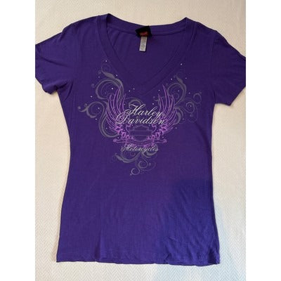 Women’s Harley Davidson purple graphic fitted v-neck T-shirt Sz L