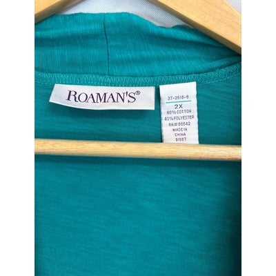 Women’s Roaman’s Size 2X Teal Long Sleeve Sweater with Ruched Details.