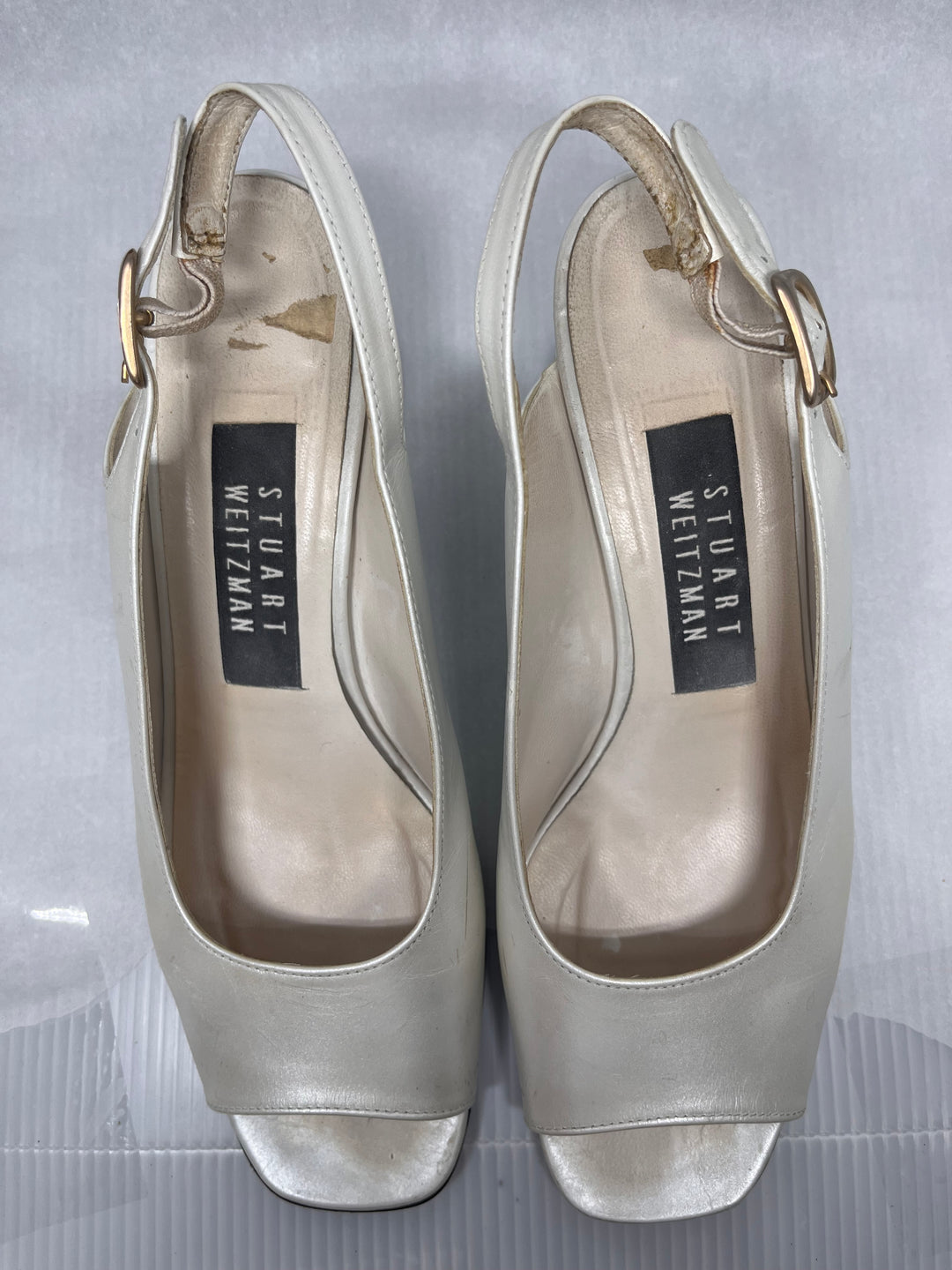 Stuart Weitzman Shimmery Cream Open Toe Slingback Heels Size 6