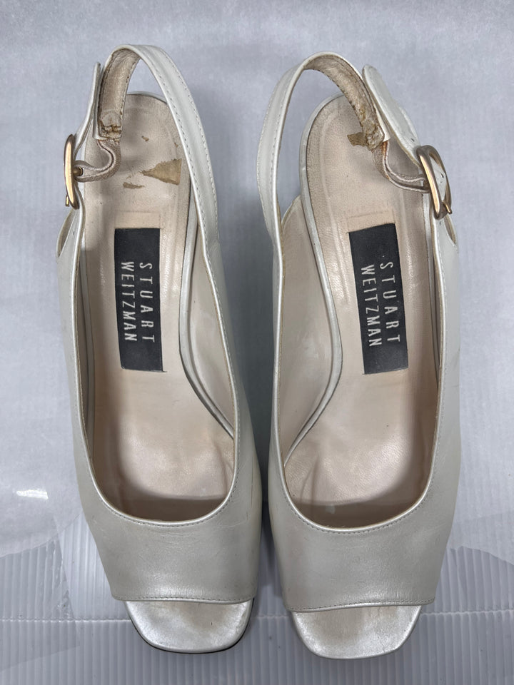 Stuart Weitzman Shimmery Cream Open Toe Slingback Heels Size 6