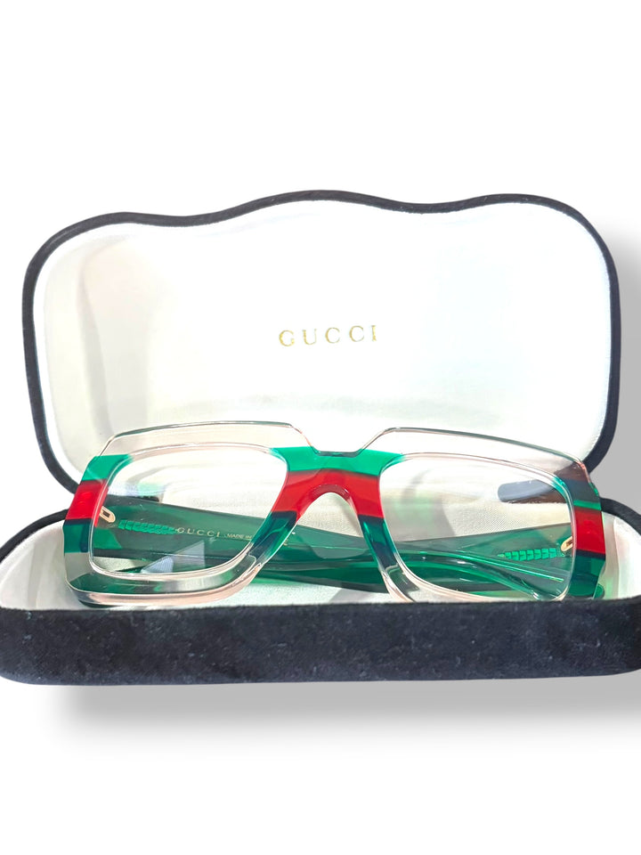 Gucci Oversized Square Web Stripe Sunglasses Green Red Clear Gold Logo