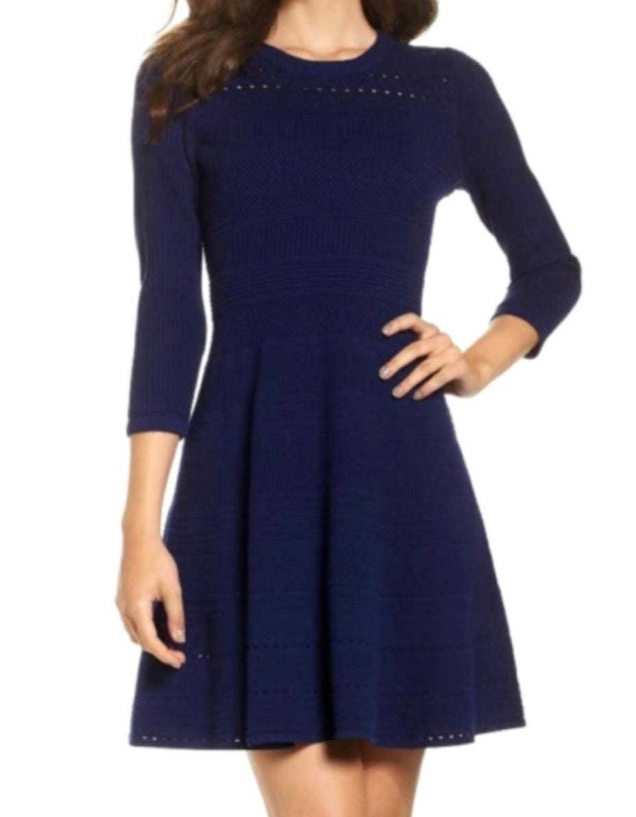 Eliza J Navy Textured Knit Fit and Flare Sweater Dress SzL