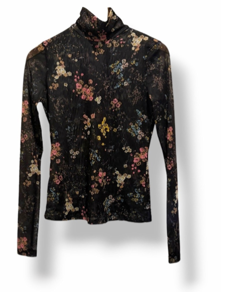 Cinq à Sept Sheer Floral Mesh Mock Neck Top SM Black Long Sleeve Romantic Gothic