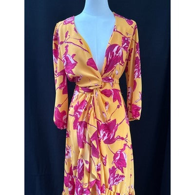 Colayne Casuals Womens Floral Wrap Dress Size S Yellow & Pink