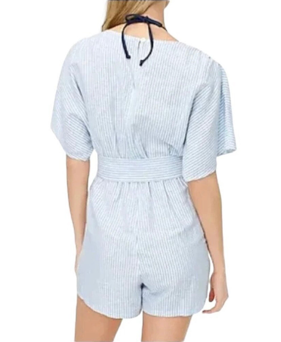 J.Crew White Blue Stripe Linen Blend Romper SzL NWT