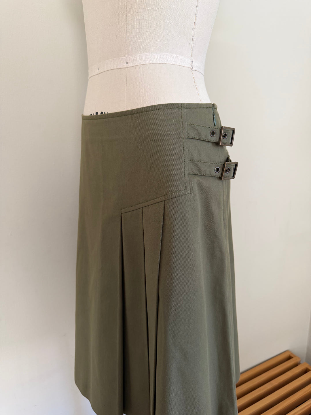 Christian Dior by John Galliano Olive Cotton Pleated Buckle Skirt FR38