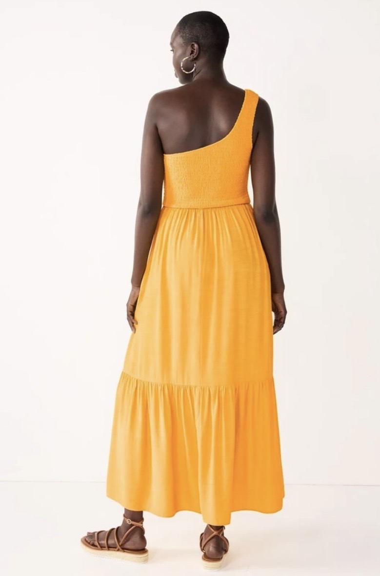 Nine West One‑Shoulder Yellow Smocked Maxi Dress SzL