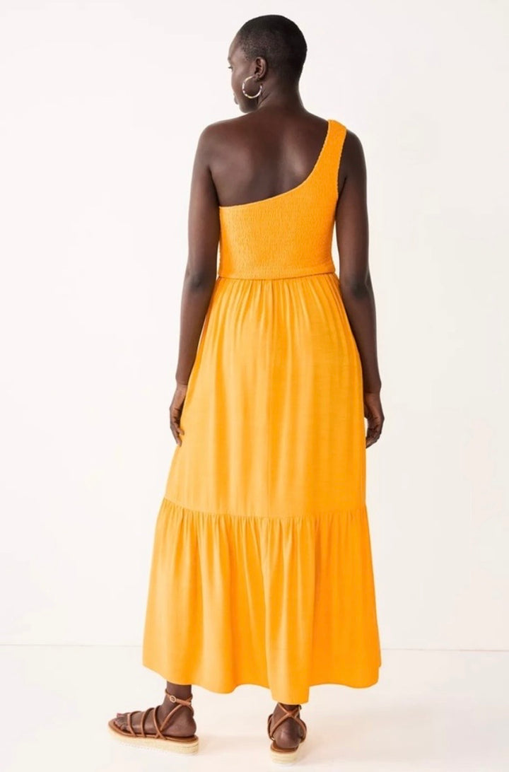 Nine West One‑Shoulder Yellow Smocked Maxi Dress SzL