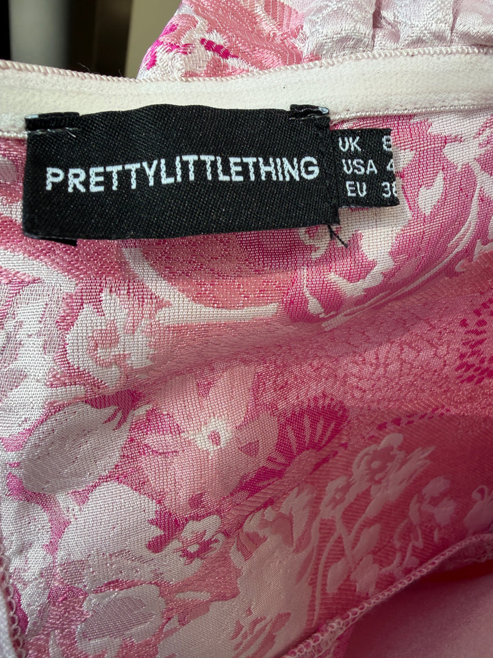 PrettyLittleThing Pink V-Bar Jacquard Expressive Sleeves Mini Bodycon Dress, Size 4