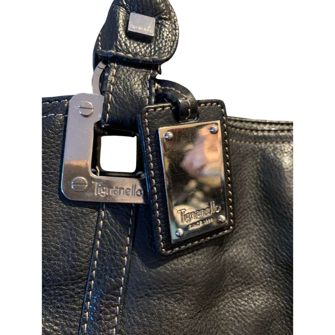 Tignanello Black Leather Tote Bag With Silver Hardware & Zip Pockets