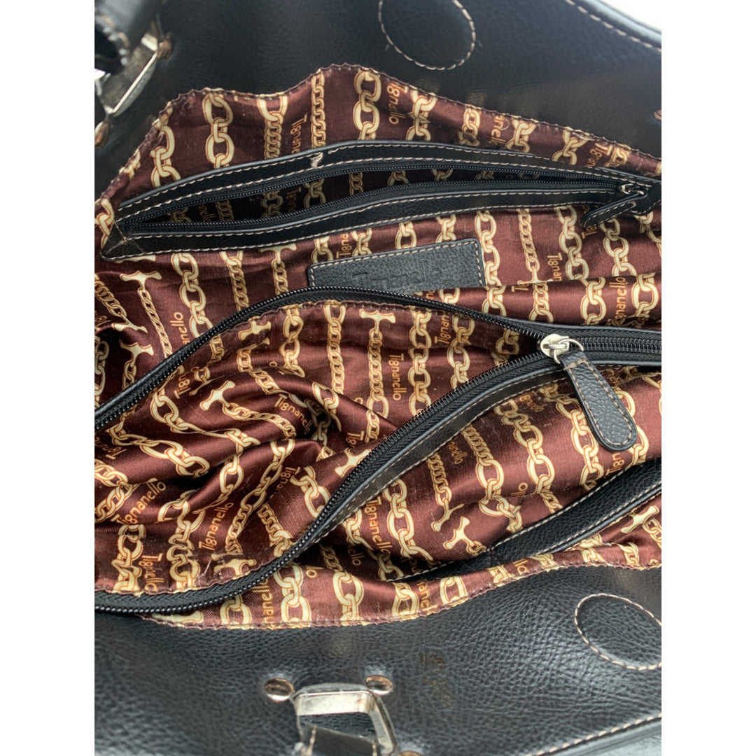 Tignanello Black Leather Tote Bag With Silver Hardware & Zip Pockets
