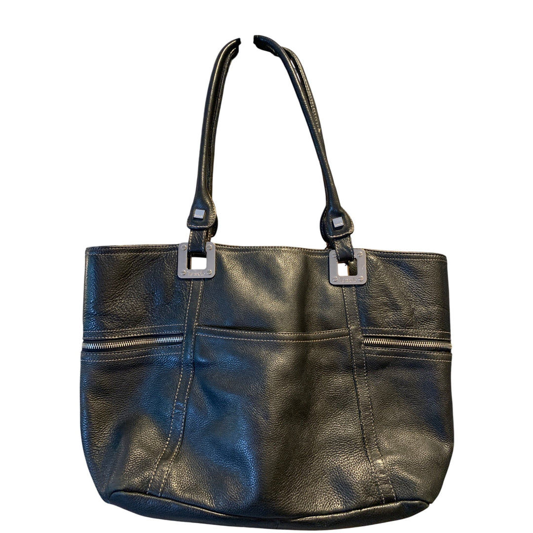 Tignanello Black Leather Tote Bag With Silver Hardware & Zip Pockets